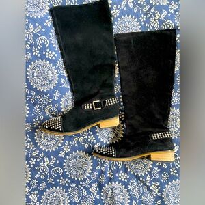 Kelsi Dagger Rover Black Suede Studded Cap-Toe Knee High Boots